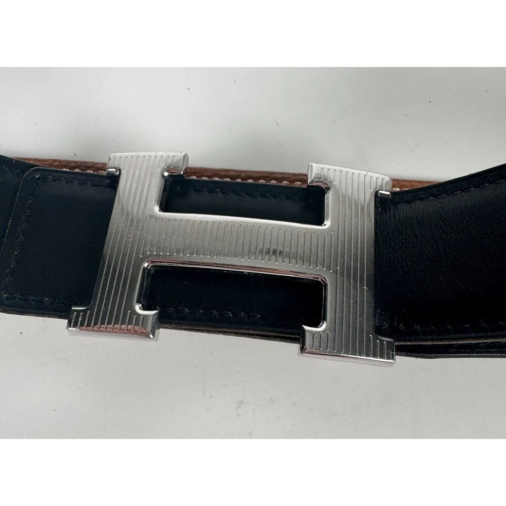 Hermes Black Leather Women's Belt Silver Pinstriped H Strie Buckle